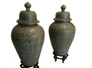 Oriental Lidded  Green Floral Urns On  Wood Stand Pair