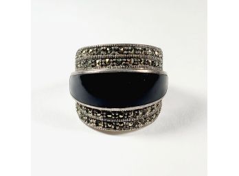 Vintage Onyx And Marcasite Sterling Silver Ring