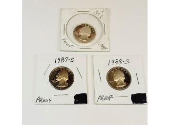 3 Proof Quarters  - 1987 Proof, 1988-s Proof And 1992 Proof Silver