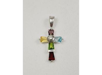 Sterling Silver Multi-colored Stone Cross  Pendant