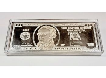 **4 Oz** .999 Silver Bar In Shape Of $10 Dollar Bill (in Plastic Case) 2005