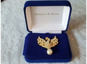 Beautiful Camrose & Kross New Never Worn Gold Tone, Rhinestone & Pearl Phoenix Pin Brooch