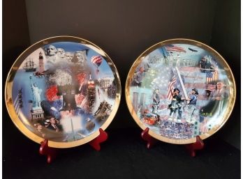 Pair Of Danbury Mint Collectors Plates-Let Freedom Ring & United We Stand With Stands