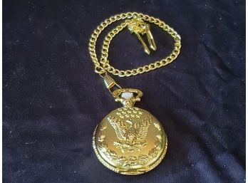 New United States Bald Eagle Embossed Gold Plated Pocket Watch With Chain