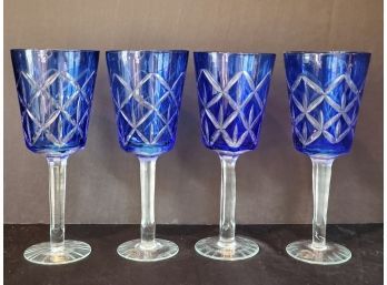 Set Of Four Beautiful Sorelle Cut To Clear Cobalt Blue 9' Water Goblets Stemware