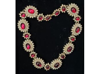 Never Worn HSN Arnold Scaasi Fashion Jewelry Collection Gold Tone, Rhinestone & Red Stone Necklace