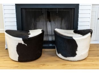 Black & White Cowhide Swivel Ottomans - A Pair