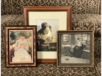 Three Framed Prints Depicting Sewing Women, Vintage