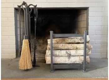 Black Wrought Iron Hearth Set & Birch Logs