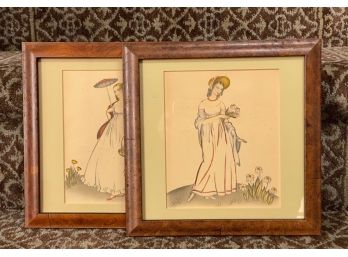 Victorian Ladies, Matted In Burled Wood Frames