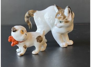 Vintage Porcelain Playful Pup & Curious Cat Figurines