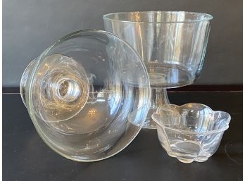 Two Footed Clear Glass Trifle Bowls & One Small Bowl