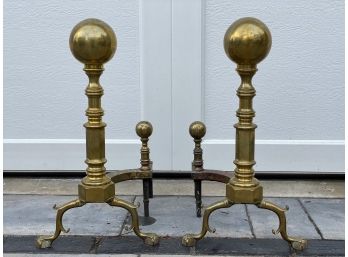 A Pair Of Federal Brass Ball Andirons, Spur Legs, Ball & Claw Feet