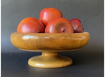 Vintage Myrtle Wood Footed Bowl Full Of Wooden Apples