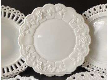 Vintage Milk Glass Plates, Lace & Embossed Rims