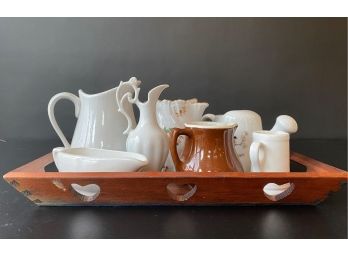 A Small Wooden Tray With Assorted Ceramic & Porcelain Pitchers