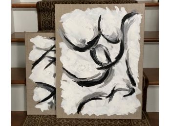 A Pair Of Black & White Oil On Canvas Abstracts