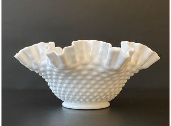 Vintage Fenton Hobnail Milk Glass Bowl, Ruffled Edge