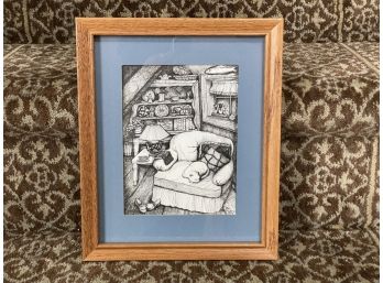 A Drawing Of A Cozy Nook, Oak Frame, Vintage