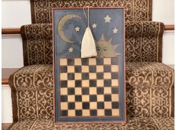 Vintage Country Painted Checkerboard On Wood With Wooden Checkers