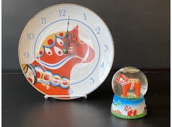 Swedish Dala Horse Wall Clock & Snow Globe