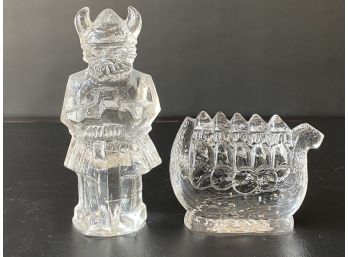 Vintage Pukeberg Sweden Ice Glass Figurines, Viking & Longship