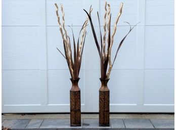 Striking Gilt & Wood Branch Arrangements In Copper-Toned Urns