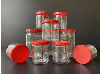 Vintage Kitchen Jars With Cherry Detailing & Red, Screw Top Lids