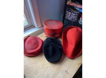 Three Vintage Hats With A Vintage Halston Box