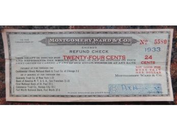 Vintage Refund Check For 24 CENTS From MONTGOMERY WARD, 1933