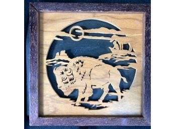 FRamed Wood Cut Out Of A Standing Buffalo