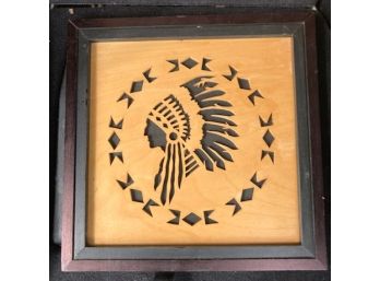 Framed Wood Cutout Of Indian In Full Headress