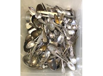 Good Sized Plastic Tub Filled With Silver Plate Flatware