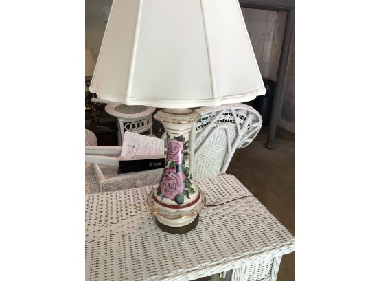 Ceramic Floral Motif Lamp With Shade, Signed Dunn Hall
