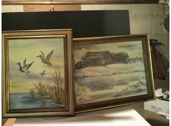 Two Mary Weinberger Paintings, Ducks Flying And Barn Scene