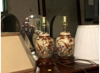 Pair Of Asian Influence Bird Lamps With Four Shades