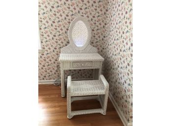 White Wicker Vanity With Attached Oval Mirror And Bench