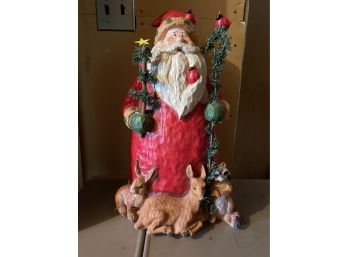 310, Large Wooden Santa With Cardinals, Raccoon, Deer And Bunny