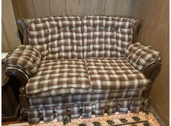 Vintage Loveseat In Brown Plaid Wool.