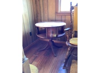 Antique Round Leather And Wood Drum Table