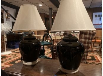 Pair Of Large Navy Blue Lamps With Cream Shades, 111