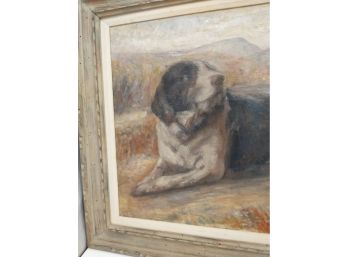 Wistful Dog Vintage Oil Painting Original Framed Art Pet Portrait In Landscape MCM Wood Frame