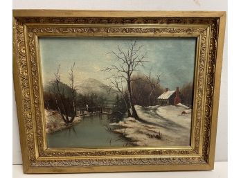 19 Th Century  Antique American Snow Scene Painting  12x15 Oil On Board