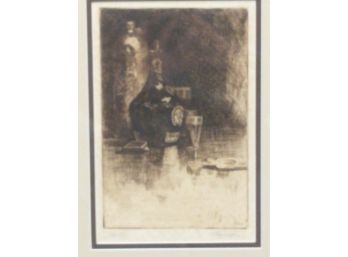 Cognac Etching G. Howard Hilder Listed Artist Vintage 1920's Signed DOM Benedictine Still Life W Playing Cards