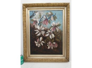 Antique 1800s Floral Still Life Oil Painting Large Colorful Magnolia Stunning Gold Gilded Gilt Frame Victorian