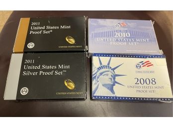 4  United States Mint Proof Sets 2, 2011, 1, 2008, 1, 2010  14 Coins In Each Set