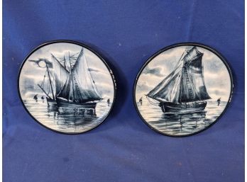 Signed Pair Of Blue And White Pottery Plates To Be Hung On Wall - Ship Scenes - Holland?