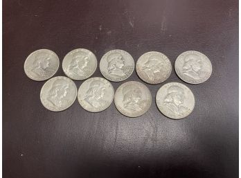 9 Ben Franklin  Half  Dollars 90 Percent Silver . 1 AU