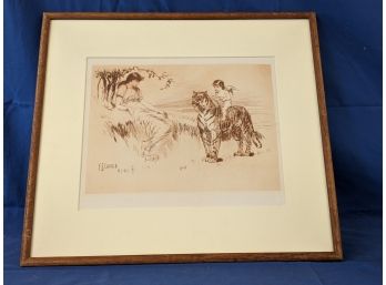 Vintage Frederick Stuart Church Engraving Of A Young Woman With Cherub Riding A Tiger