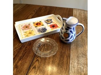 Set Of 3 Floral Spring Serve Ware Pieces (tray, Plate, Pitcher)